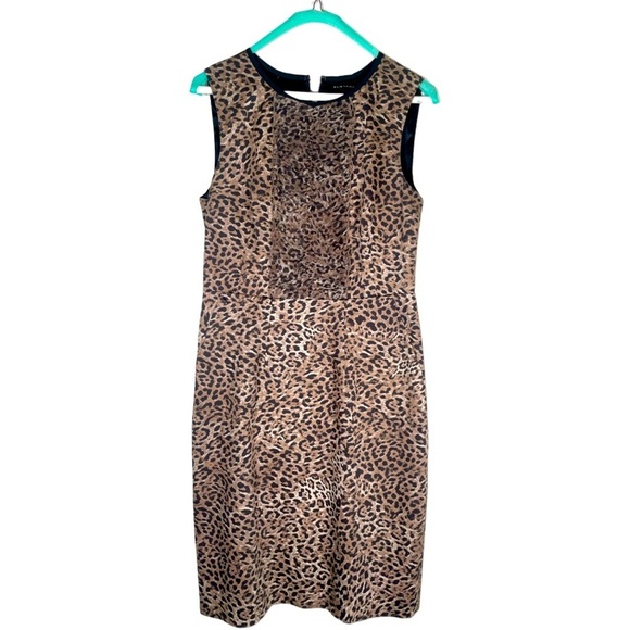 Elie Tahari Sz 8 Leopard Print Sheath Dress Ruffle Sleeveless Lined Career MIDI - Picture 1 of 16